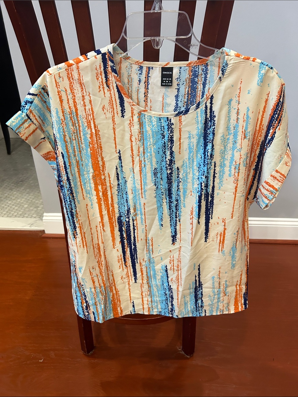 Abstract Stripe Short Sleeve Blouse in Cream with Blue & Orange Accents